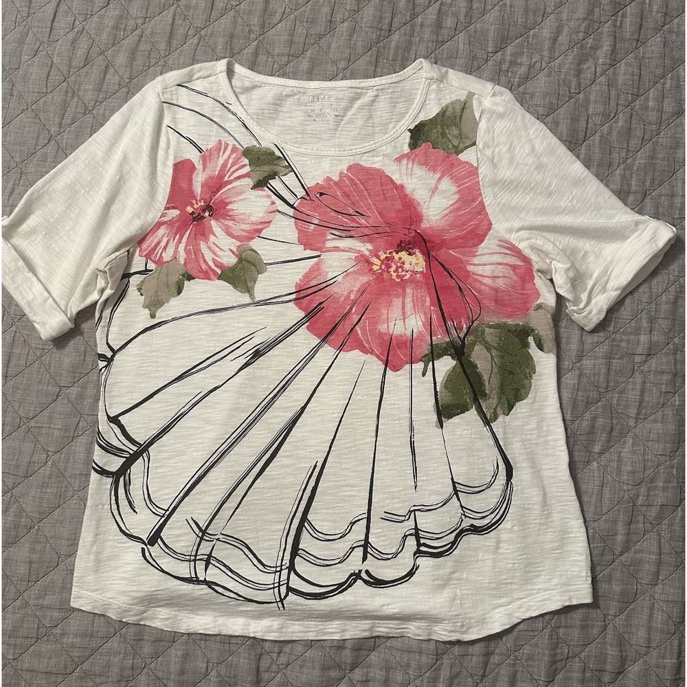 Chicos Ultimate Tee Hibiscus Flowers White Short Sleeve Shirt Women's Large